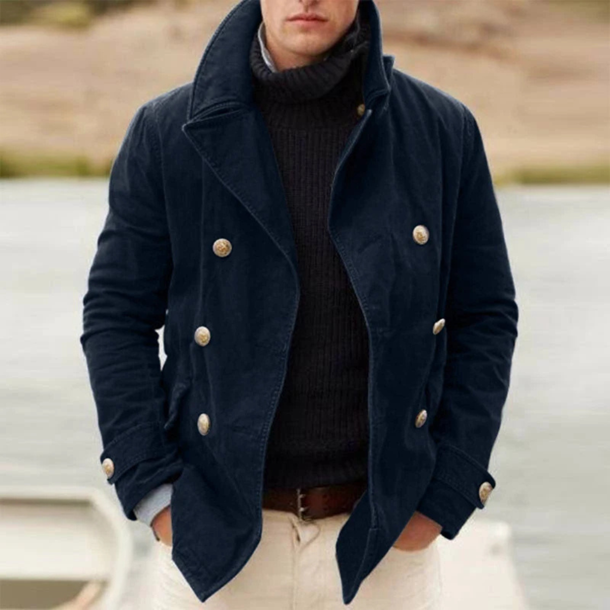 Winchester Men's Double Breasted Peacoat Lapel Casual Wool Navy