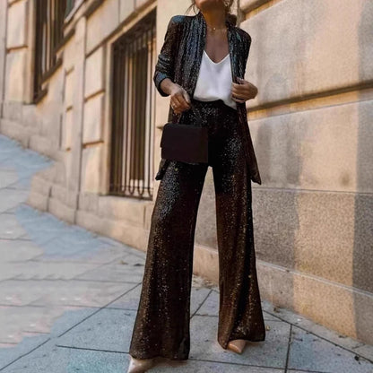 Women's Sequin Two-Piece Set High-Waisted Pants - Fashinoza