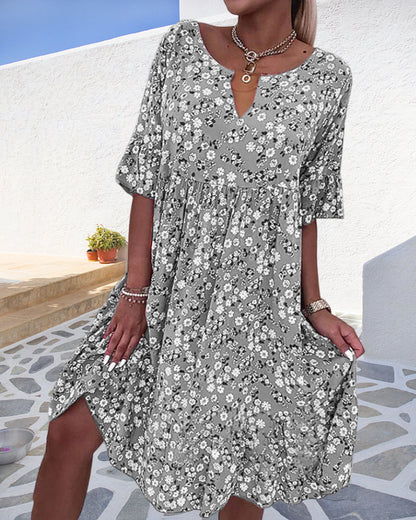 Women's Floral V-Neck Short Sleeve Midi Dress