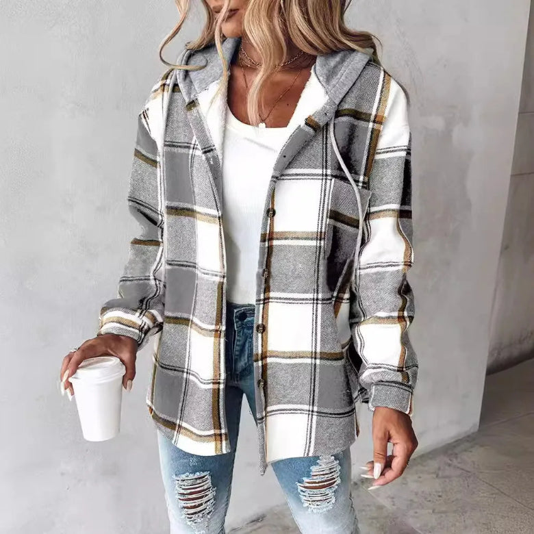 Women's Hooded Plaid Coat - Fashinoza