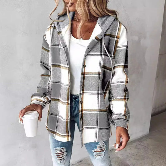Women's Hooded Plaid Coat - Fashinoza