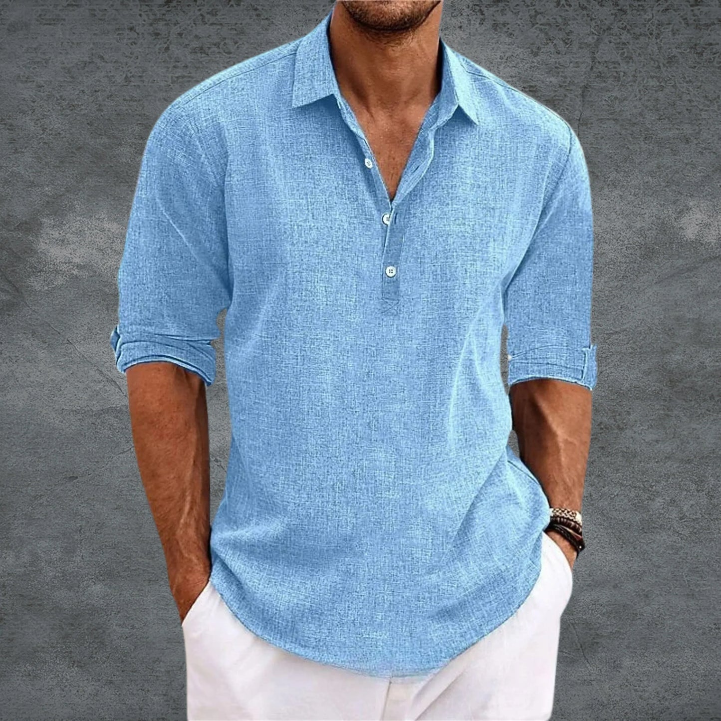 Men's Half-Button Collared Shirt Long Sleeve Roll-Up