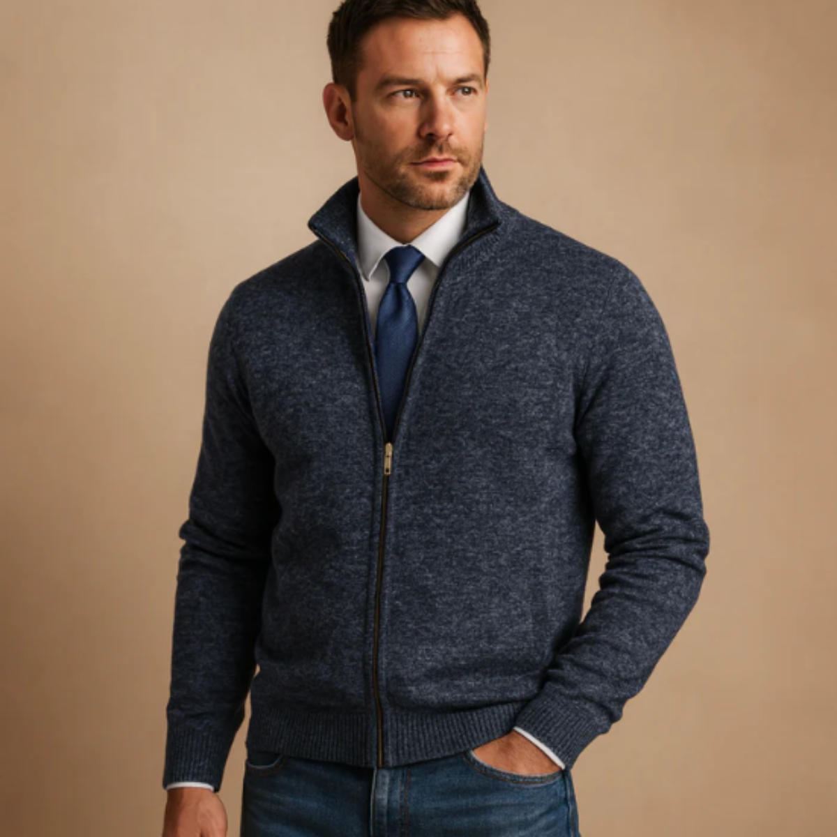 Men's Classic Knitted Zip Cardigan Stand Collar