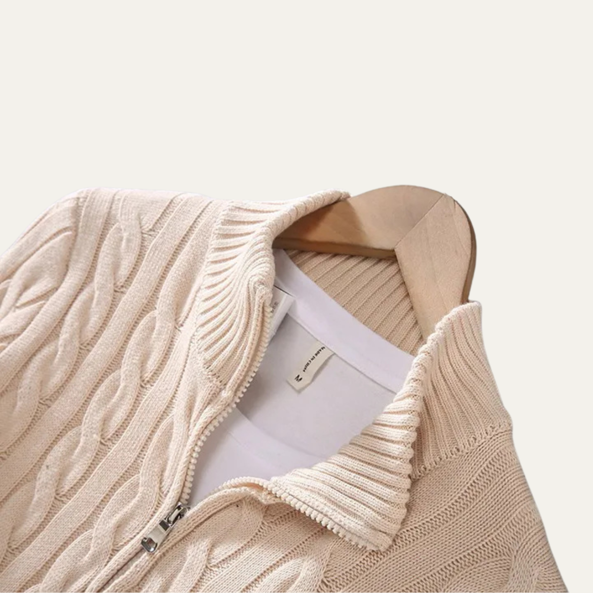 Men's Cotton Cable Knit Sweater Half Zip Natural