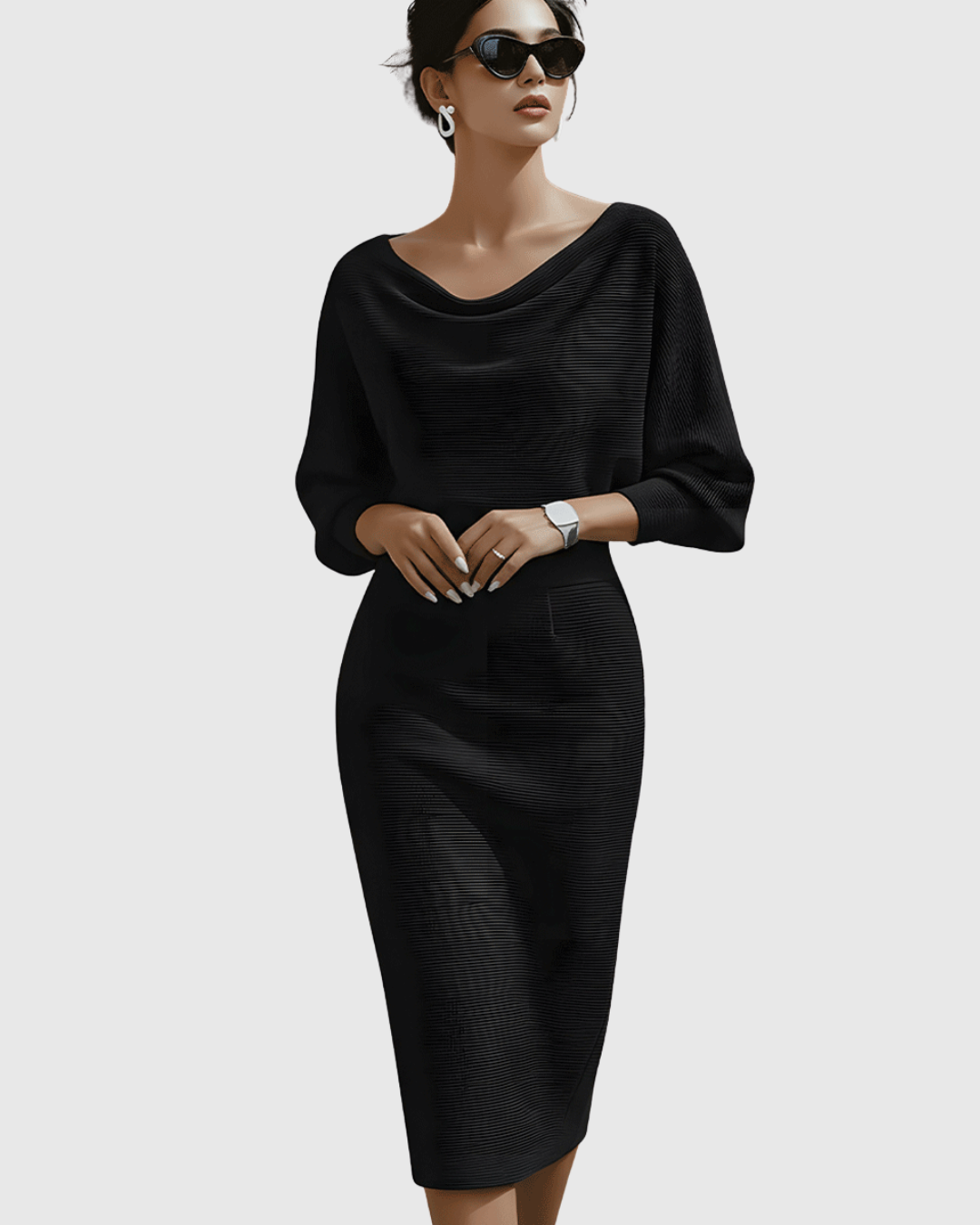Vivienne Women's Ribbed Midi Dress Batwing Sleeves Cowl Neck