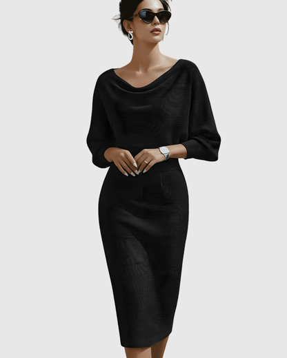 Vivienne Women's Ribbed Midi Dress Batwing Sleeves Cowl Neck