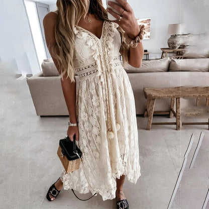 BreezeCharm Women's Lace Tie Dress with Tassels - Fashinoza