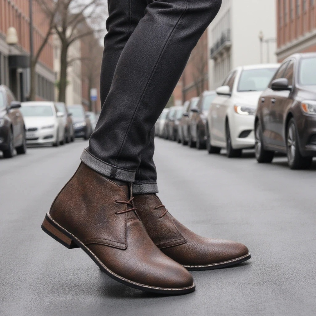 Men's Ankle Boots Brown Leather Vintage Style
