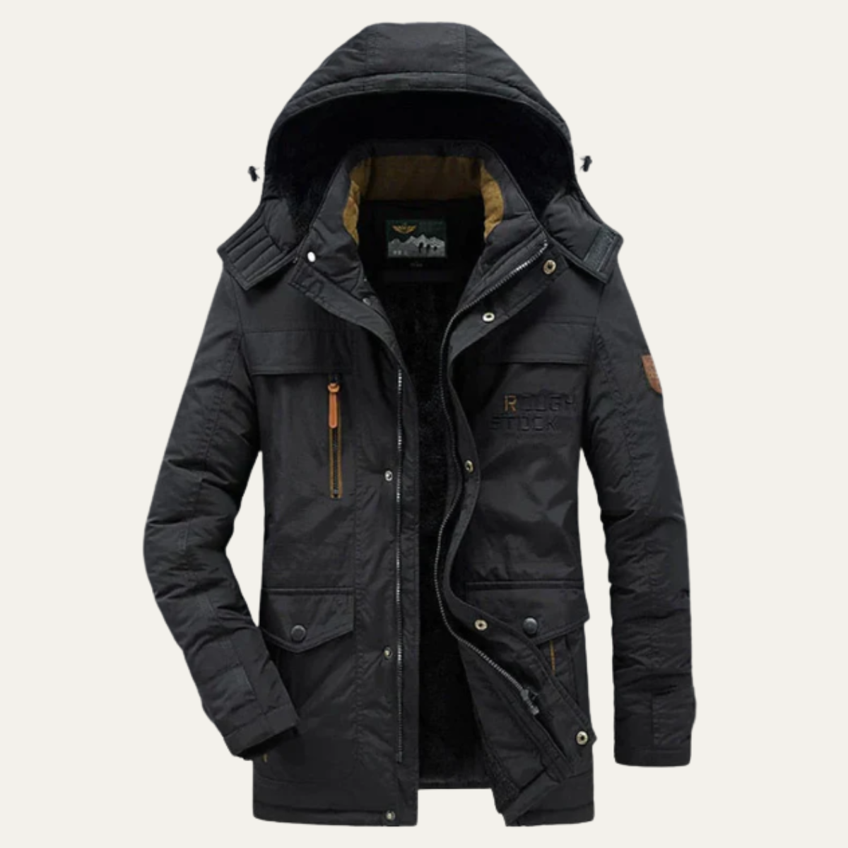 Men's Hooded Parka Coat Fleece Lined Waterproof Black - Fashinoza