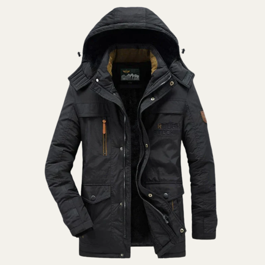 Men's Hooded Parka Coat Fleece Lined Waterproof Black - Fashinoza
