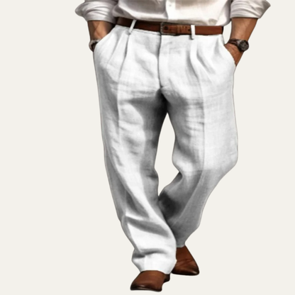 Men's Pleated Straight Pants Casual Cotton Beige