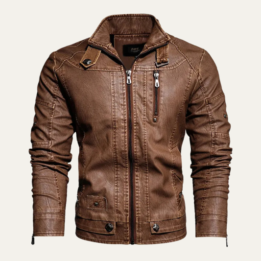 Men's Leather Biker Jacket Durable Black - Fashinoza