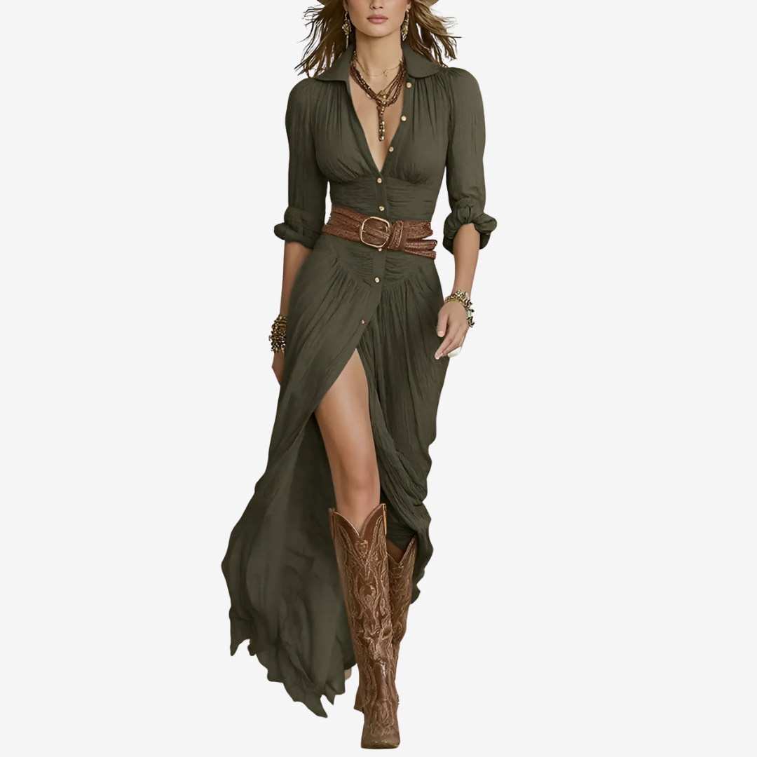Belted Button-Front Maxi Gown