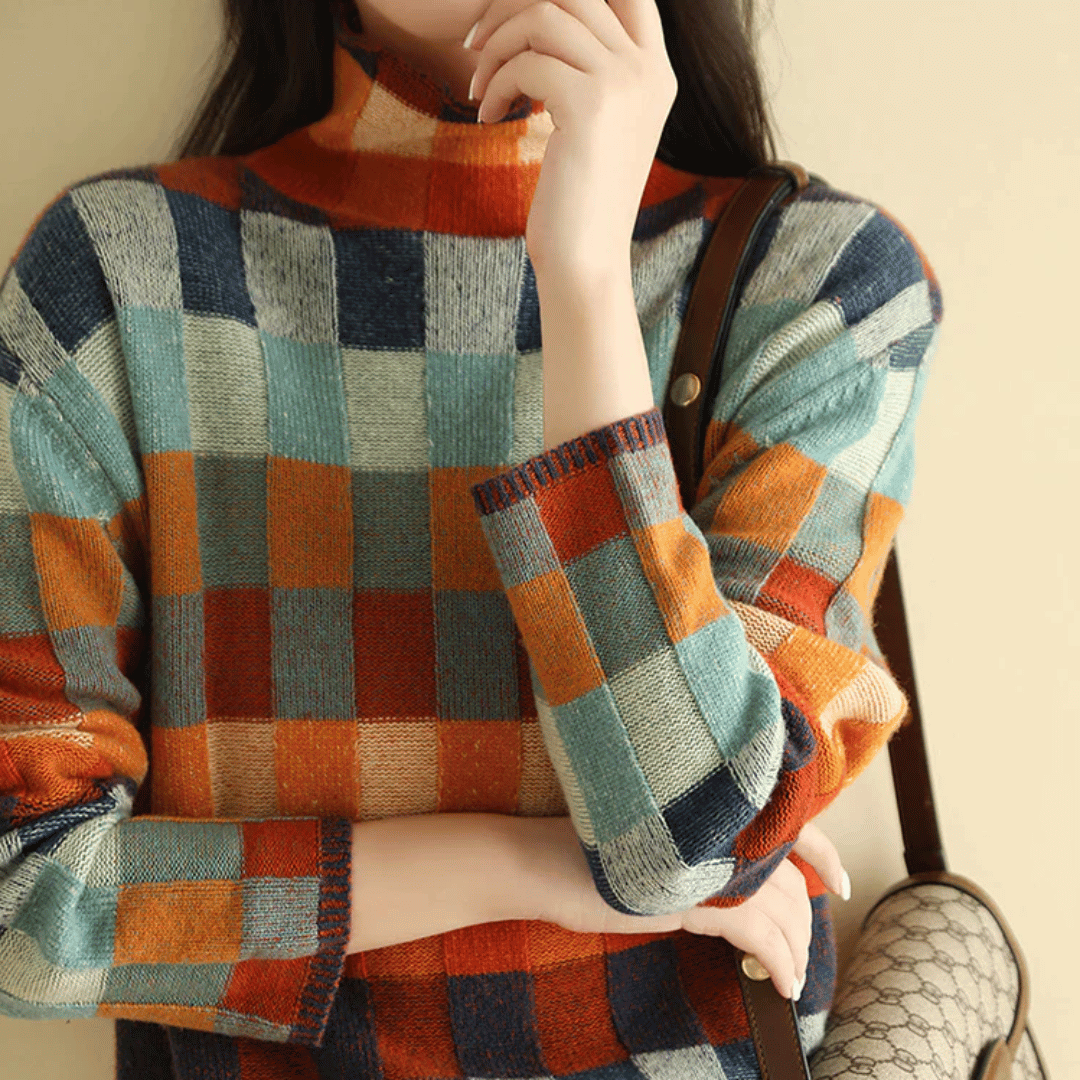Women's Cashmere Turtleneck Sweater Patchwork Design