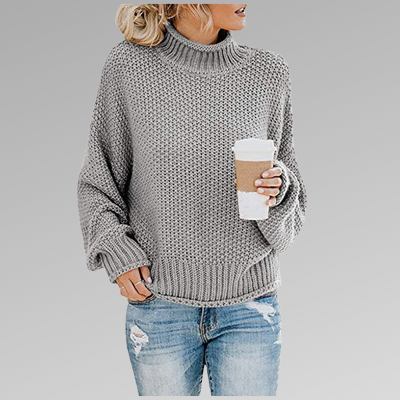 Women's Long Sleeve Knit Sweater Cozy High Neck Beige