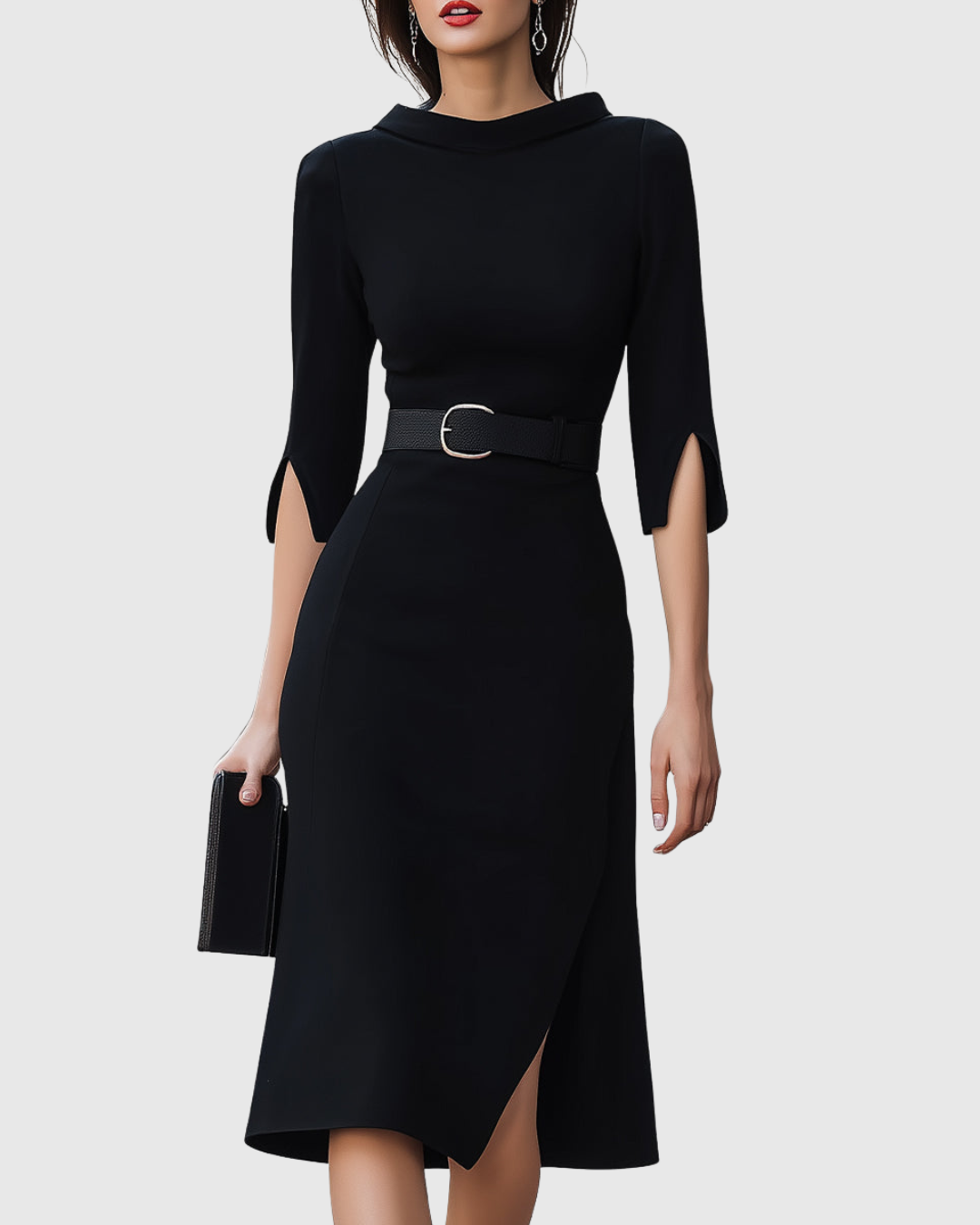 Women's Mock Neck Midi Dress Belted Split Sleeves - Fashinoza