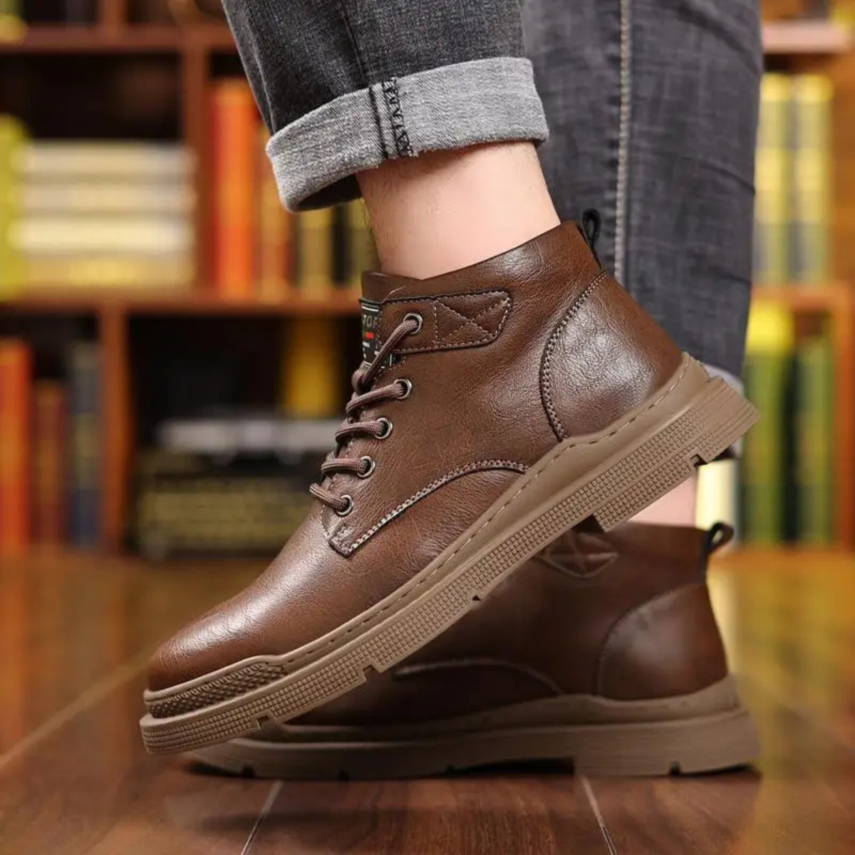 Men's Leather Ankle Boots Lace Up Black