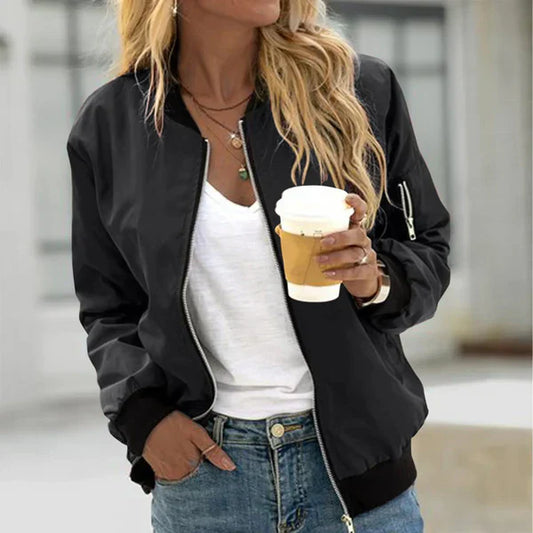 Women's Zip-Up Bomber Jacket Utility Pocket Cotton Black - Fashinoza