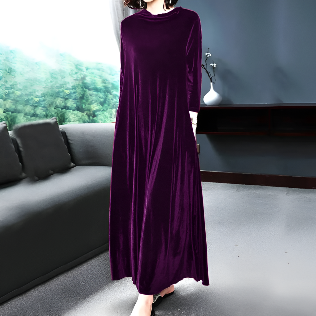 Women's Velvet Long-Sleeve Dress Wine Red