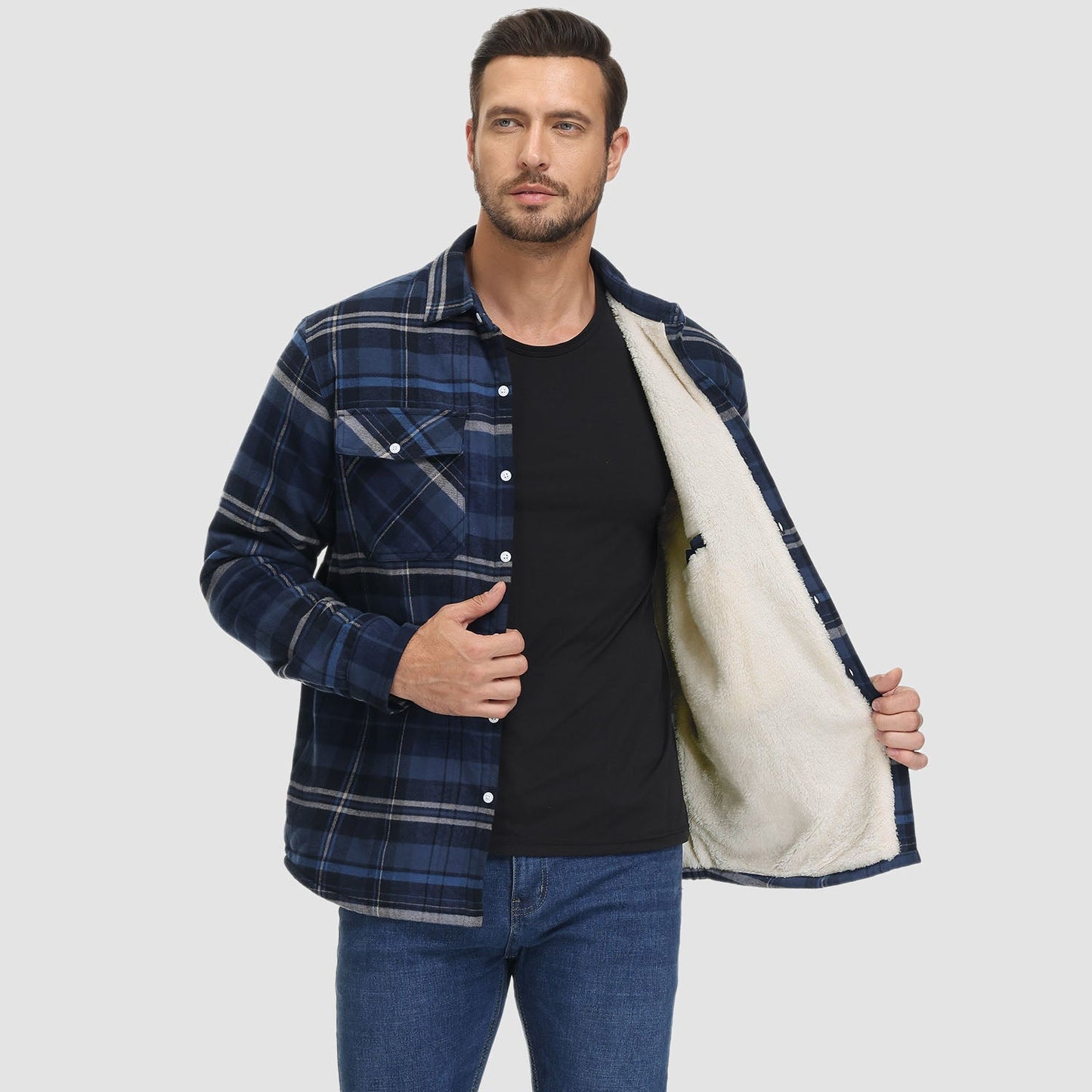 Men's Flannel Shirt Jacket Fleece Lined Cotton Warm Brown