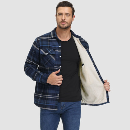 Men's Flannel Shirt Jacket Fleece Lined Cotton Warm Brown