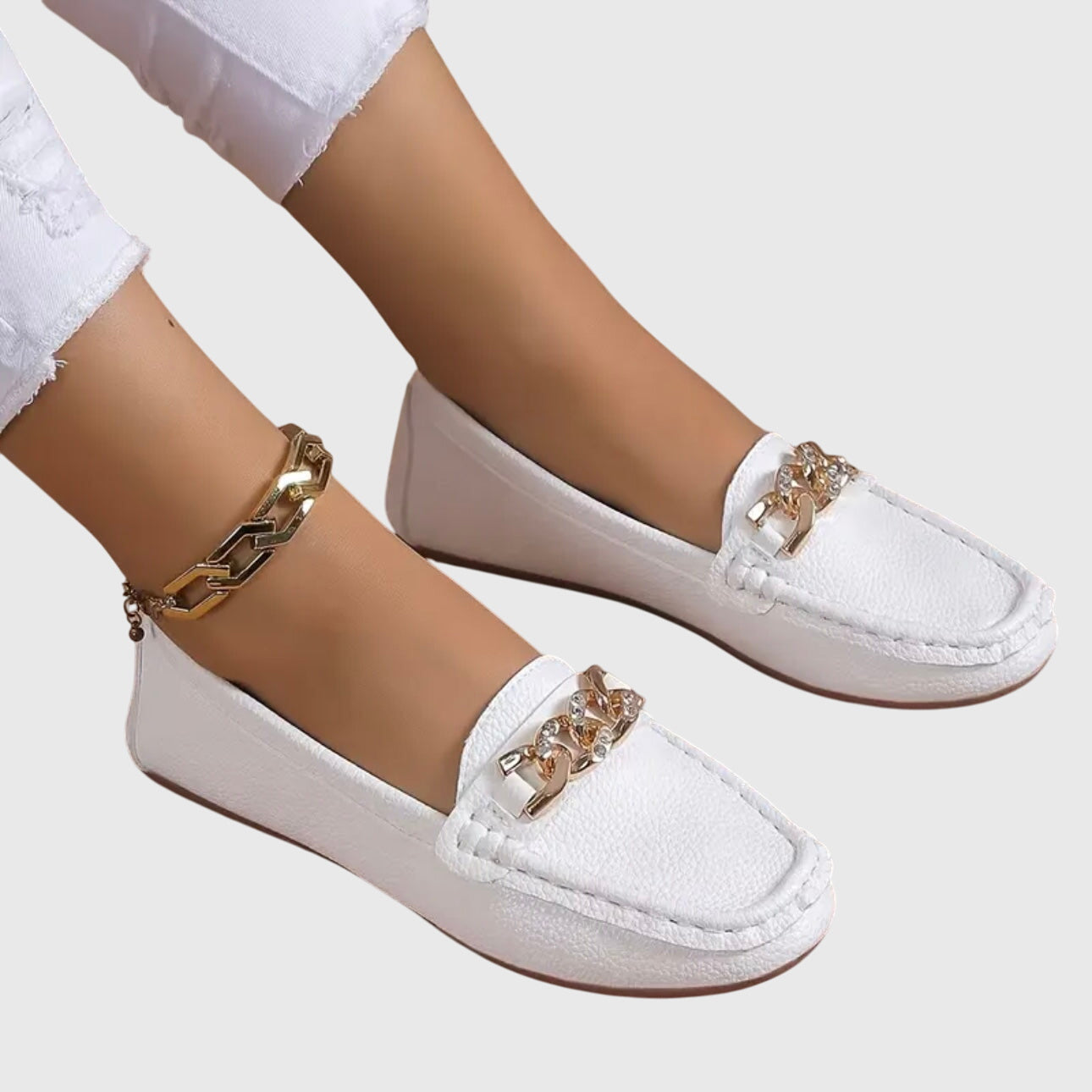 Women's Slip On Loafers Gold Chain Detail Flat Shoes