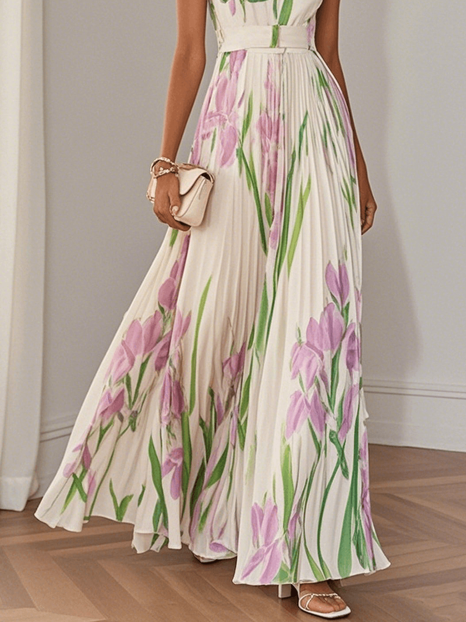 Women's Floral Maxi Dress Square Neckline Wide Straps