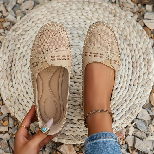 Women's Slip-On Loafers Perforated Leather Whipstitch Detail - 
Fashinoza