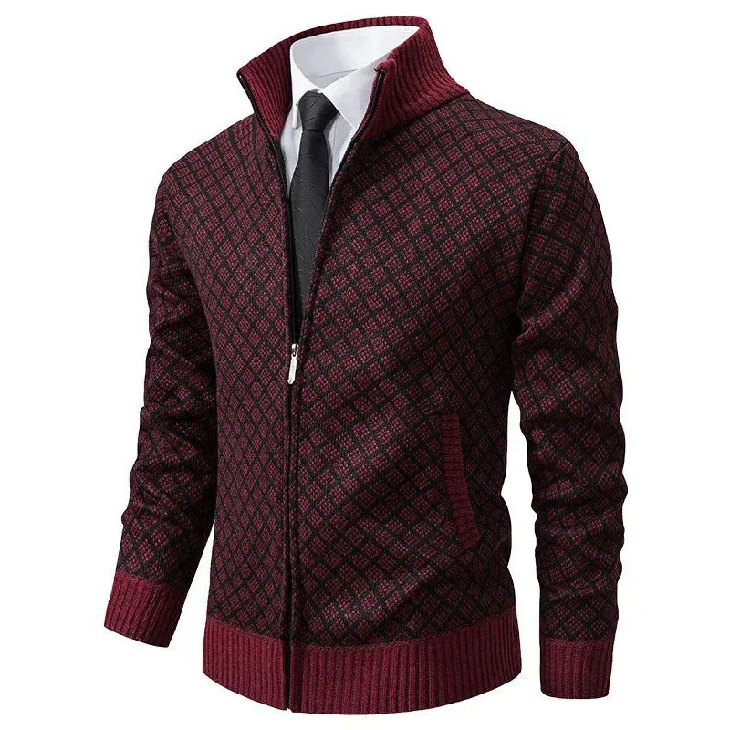Men's Zip Cardigan Diamond Pattern Ribbed Trim
