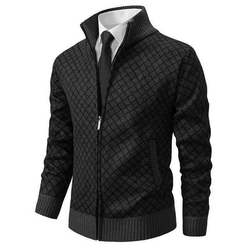 Men's Zip Cardigan Diamond Pattern Ribbed Trim