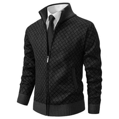 Men's Zip Cardigan Diamond Pattern Ribbed Trim