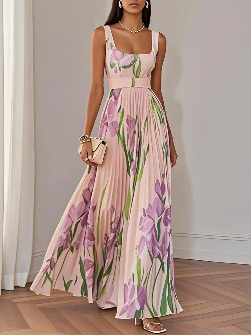 Women's Floral Maxi Dress Square Neckline Wide Straps