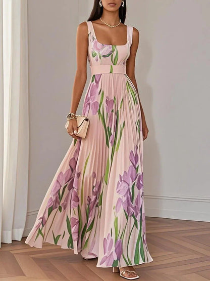 Women's Floral Maxi Dress Square Neckline Wide Straps