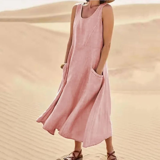 Women's Sleeveless Midi Dress With Pockets - Fashinoza