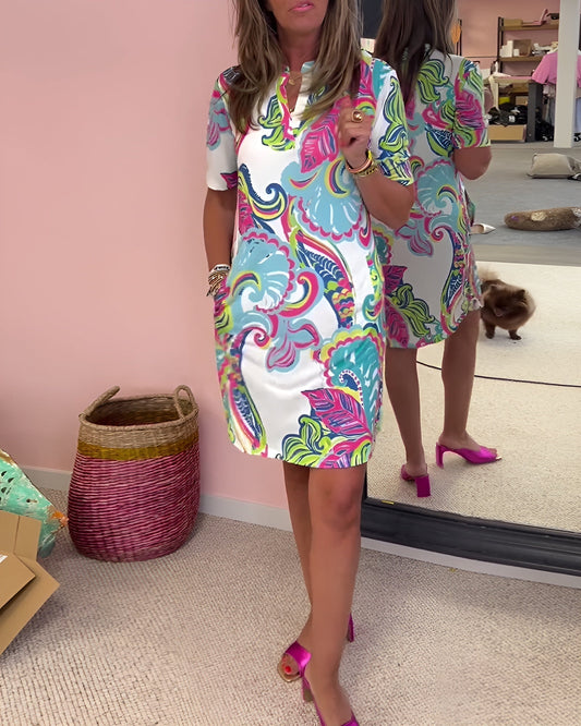 Women's V Neck Printed Dress Tummy Control Casual - Fashinoza
