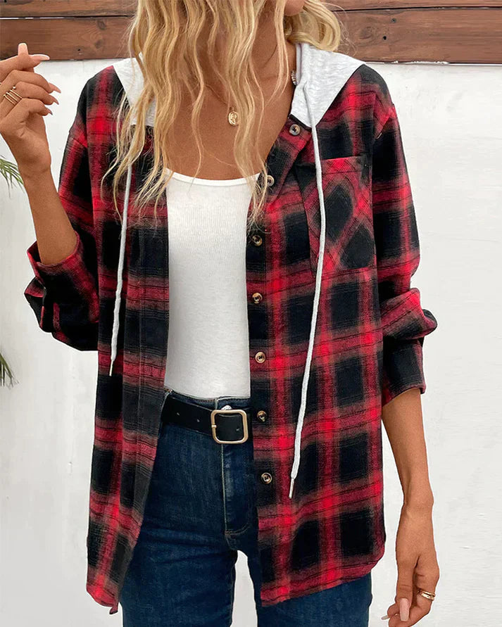 Women's Hooded Checkered Jacket Cozy Fall Outerwear