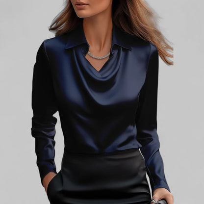 Women's Long Sleeve Blouse Glossy Cowl Neck
