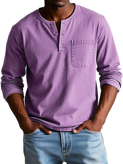 Men's Long Sleeve Henley Shirt Cotton Button Front Chest Pocket