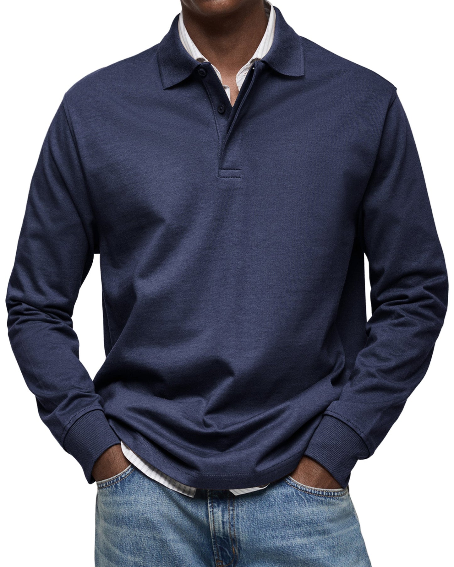 Men's Long-Sleeve Polo Shirt Cotton Button Collar - 
Fashinoza