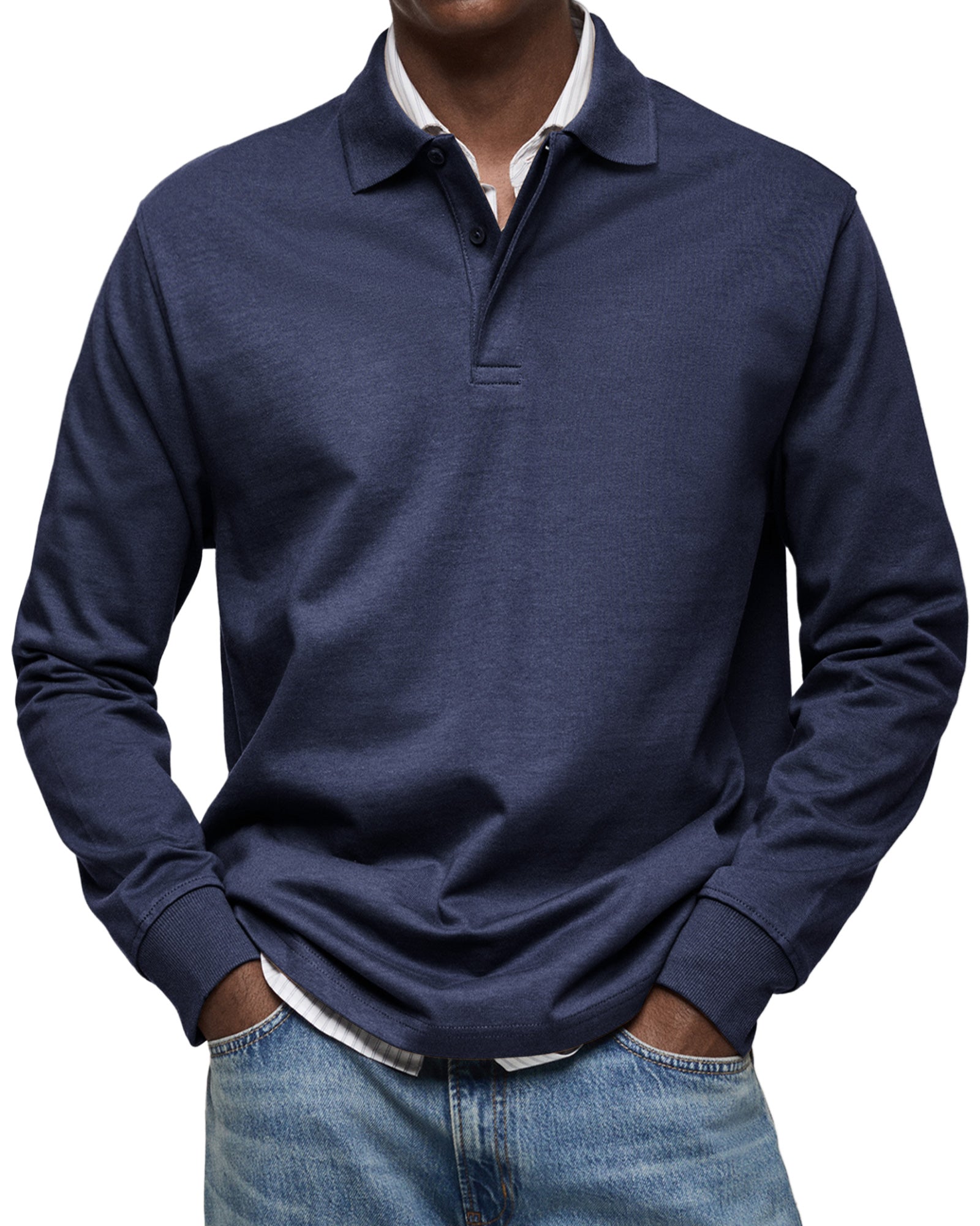 Men's Long-Sleeve Polo Shirt Cotton Button Collar - 
Fashinoza