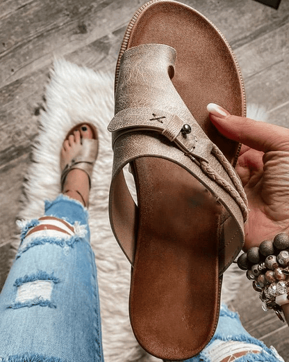 Women's Flat Slide Sandals Slip-On Leather Brown