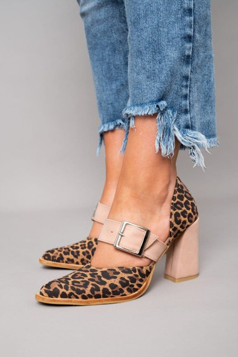 Women's Block Heels Buckle Strap Leopard