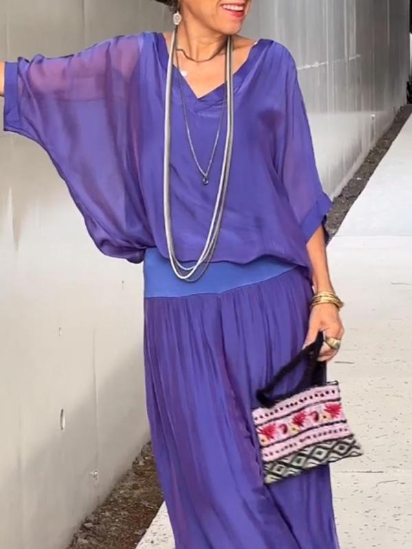 Women's V-Neck Jumpsuit Wide Leg Batwing Sleeve 2 Piece