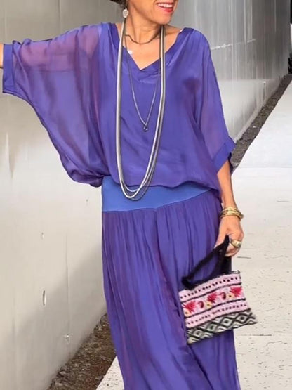 Women's V-Neck Jumpsuit Wide Leg Batwing Sleeve 2 Piece