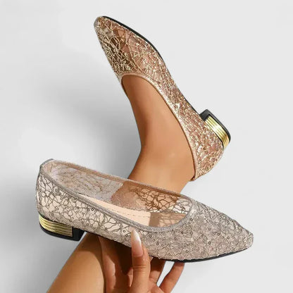 Women's Lace Pointed Toe Flats Low Block Heel