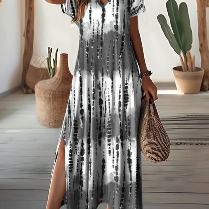 Women Tie Dye V-Neck Dress Split Sleeve Summer