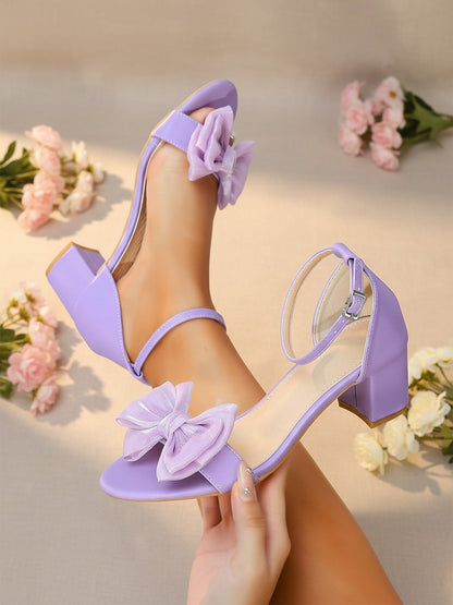 Women's Block Heels Ankle Strap Shoes with Bow Embellishment