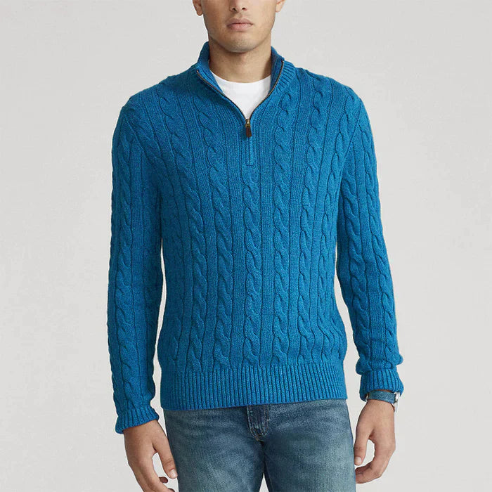 Men's Cable Knit Jumper Half-Zip Textured Cream