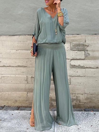 Women's V-Neck Jumpsuit Wide Leg Batwing Sleeve 2 Piece