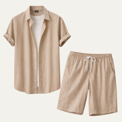 Men's Casual Button Up Shirt And Drawstring Shorts Set - Fashinoza